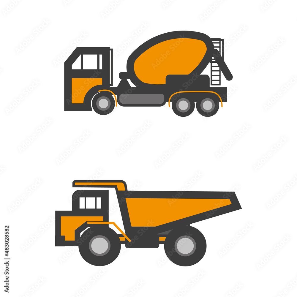 Heavy machinery for construction excavators, loaders, dump trucks, tractors logo ideas. Logo design for inspiration. Vector illustrations on white, black, colored background, isolated. Heavy machinery for construction excavators, loaders, dump trucks, tractors logo ideas. Logo design for inspiration. Vector illustrations on white, black, colored background, isolated.