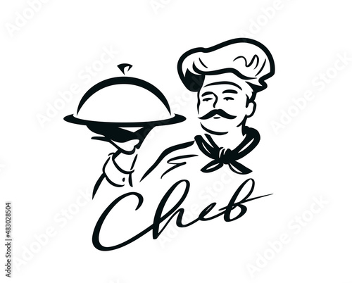 Chef with a dish in his hand logo. Cooking, restaurant menu symbol. Vector illustration