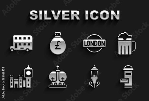 Set British crown, Wooden beer mug, London mail box, Vintage street light, Big Ben tower, sign, Double decker bus and Money bag with pound icon. Vector