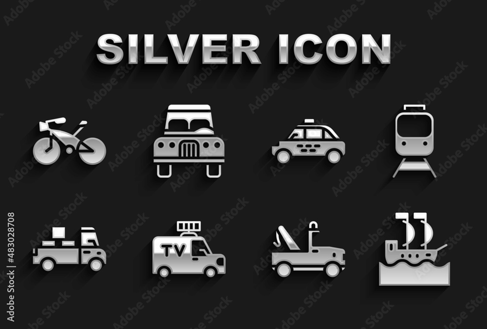 Set TV News car, Train and railway, Sailboat, Tow truck, Delivery, Taxi, Bicycle and Car icon. Vector