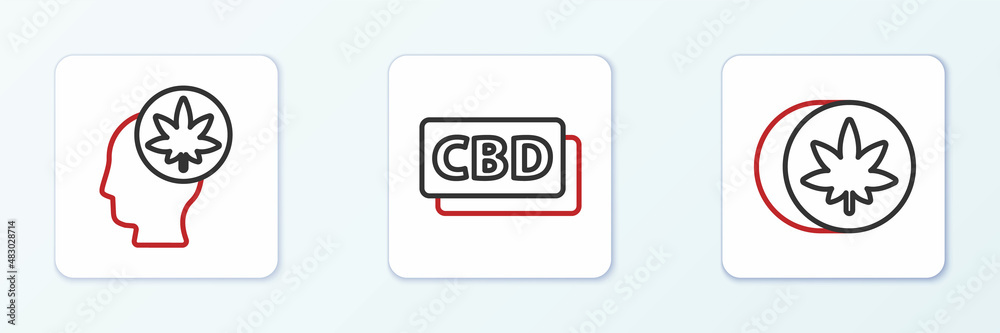 Set line Herbal ecstasy tablets, Head with marijuana or cannabis and Cannabis molecule icon. Vector Set line Herbal ecstasy tablets, Head with marijuana or cannabis and Cannabis molecule icon. Vector