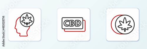 Set line Herbal ecstasy tablets, Head with marijuana or cannabis and Cannabis molecule icon. Vector