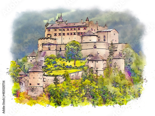 Hohenwerfen Fortress, a medieval castle on a hill in Werfen in the Salzburg region, Austria, watercolor sketch illustration. photo