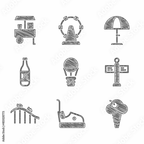 Set Hot air balloon, Bumper car, Ice cream in waffle cone, Road traffic signpost, Roller coaster, Bottle of water, Sun protective umbrella and Fast street food cart icon. Vector