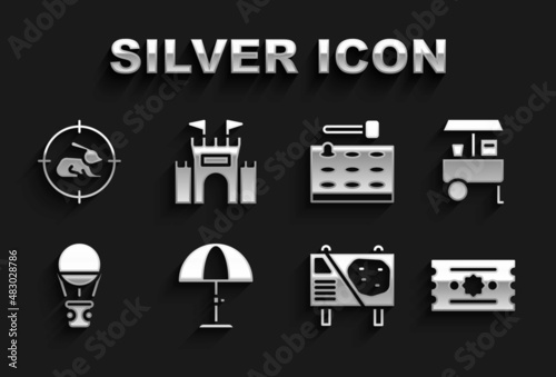 Set Sun protective umbrella, Fast street food cart, Ticket, Amusement park billboard, Hot air balloon, Arcade game machine, Hunt rabbit with crosshairs and Castle icon. Vector