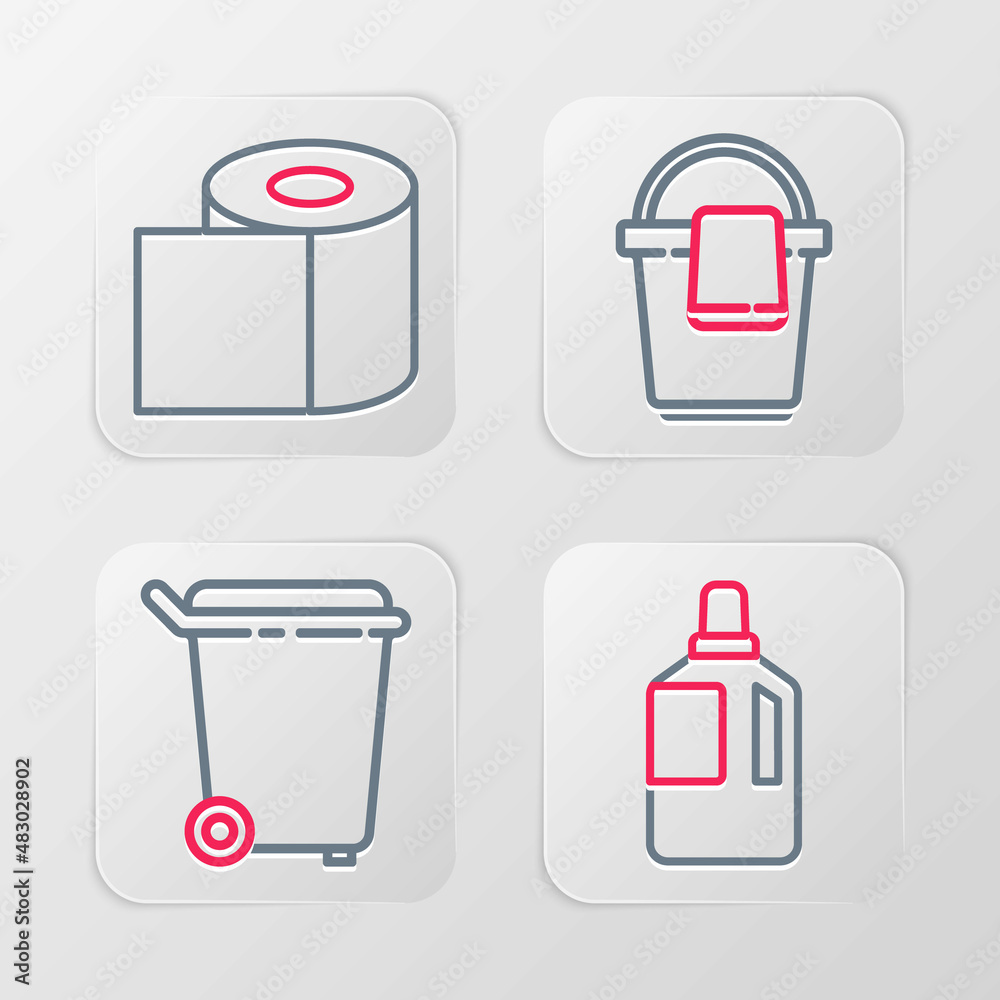 Set line Fabric softener, Trash can, Bucket with rag and Toilet paper roll icon. Vector Set line Fabric softener, Trash can, Bucket with rag and Toilet paper roll icon. Vector
