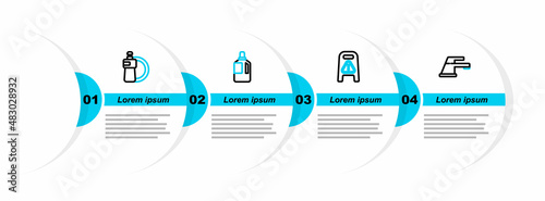 Set line Water tap, Wet floor and cleaning in progress, Fabric softener and Dishwashing liquid bottle plate icon. Vector