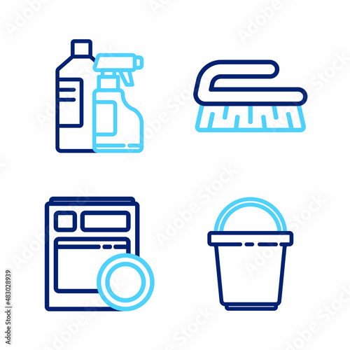Set line Bucket, Kitchen dishwasher machine, Brush for cleaning and Bottles agent icon. Vector