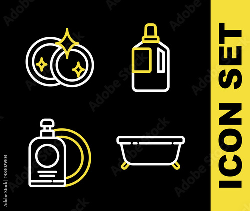Set line Fabric softener, Bathtub, Dishwashing liquid bottle and plate and Washing dishes icon. Vector