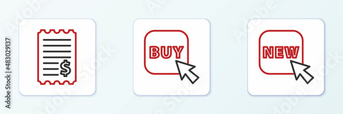 Set line Button with text New, Paper check and financial check and Buy button icon. Vector