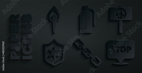 Set Chain link, Peace, Police badge, Protest, Hand grenade and Torch flame icon. Vector