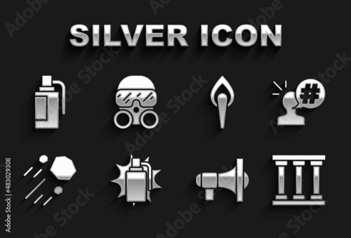 Set Hand grenade, Protest, Prison window, Megaphone, Flying stone, Torch flame, and Gas mask icon. Vector