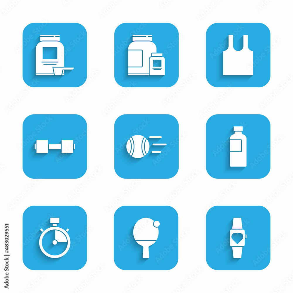 Set Tennis ball, Racket and, Smartwatch, Fitness shaker, Stopwatch, Dumbbell, Sleeveless T-shirt and Sports nutrition icon. Vector Set Tennis ball, Racket and, Smartwatch, Fitness shaker, Stopwatch, Dumbbell, Sleeveless T-shirt and Sports nutrition icon. Vector