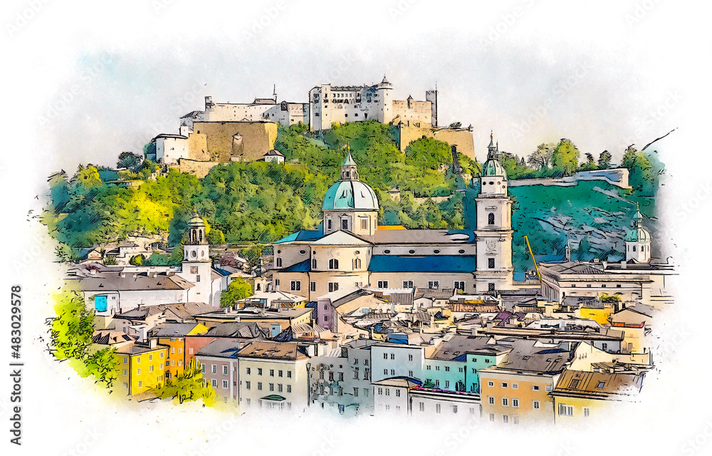 Naklejka premium Panoramic view of the Salzburg, Austria, watercolor sketch illustration.