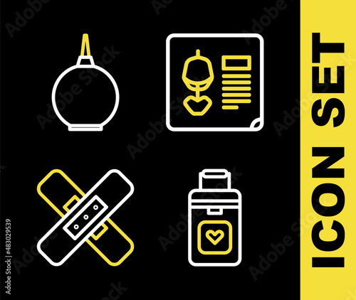 Set line X-ray shots, Organ container, Crossed bandage plaster and Enema icon. Vector