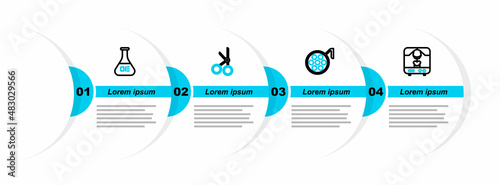Set line X-ray machine, Surgery lamp, Medical scissors and Test tube and flask icon. Vector