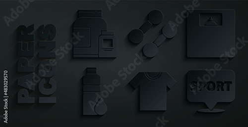 Set T-shirt, Bathroom scales, Fitness shaker, Location gym, Dumbbell and Sports nutrition icon. Vector