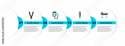 Set line Stretcher, Medical thermometer, IV bag and tweezers icon. Vector