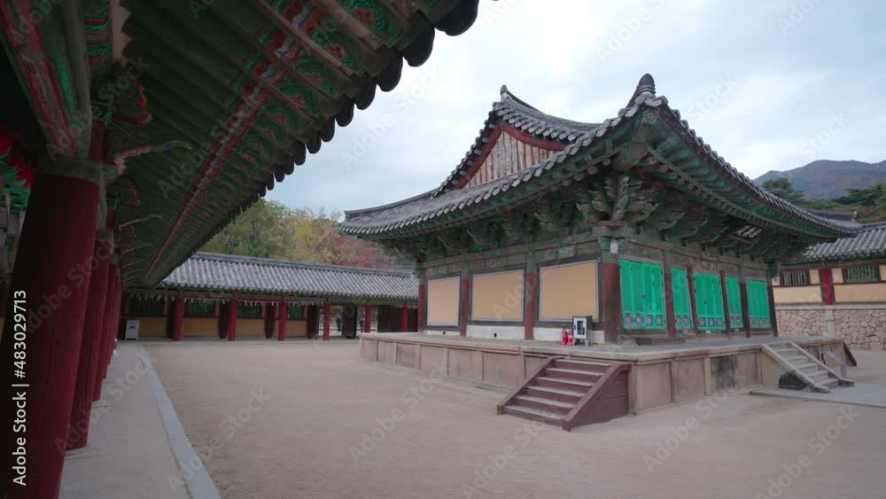 Gyeongju, South Korea - Nov 2021: Tourist visit to Bulguksa temple in Gueongju, South Korea. Bulguksa temple is a UNESCO World Heritage site.
