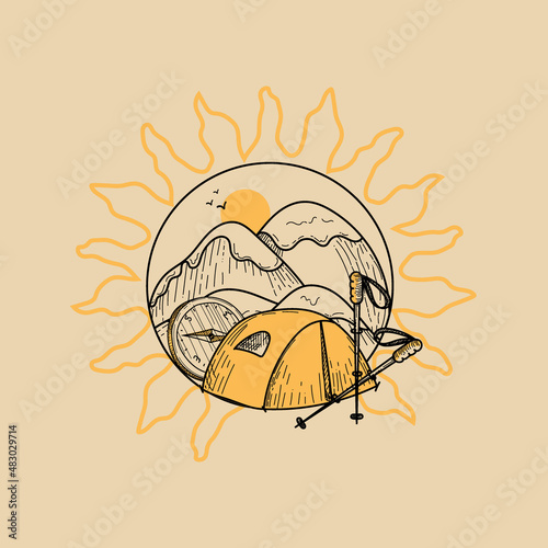 A camping emblem with hand-drawn doodle-style elements. Mountains, tents, compass and walking sticks. Items for camping and outdoor recreation. Isolated element on white background.