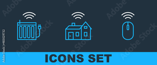 Set line Wireless mouse, Smart heating radiator and home with wireless icon. Vector