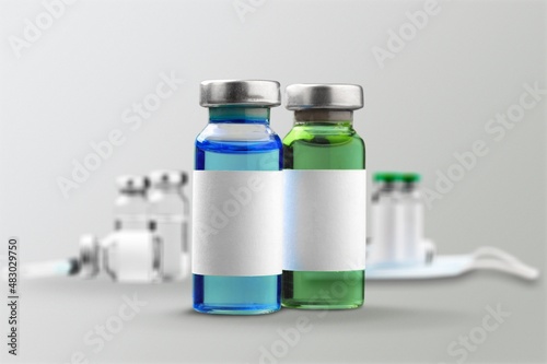Basic fomulars 3 step for anti covid-19 virus. Corona virus vaccine in glass bottle.