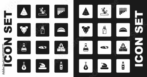 Set Pan flute, Burrito, Dog, Nachos, Taco with tortilla, Cactus, Chichen Itza in Mayan and Tequila bottle icon. Vector