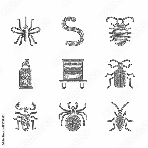Set Hive for bees, Spider, Cockroach, Chafer beetle, Beetle deer, Spray against insects, Larva and Mosquito icon. Vector