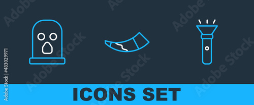 Set line Flashlight, Balaclava and Hunting horn icon. Vector