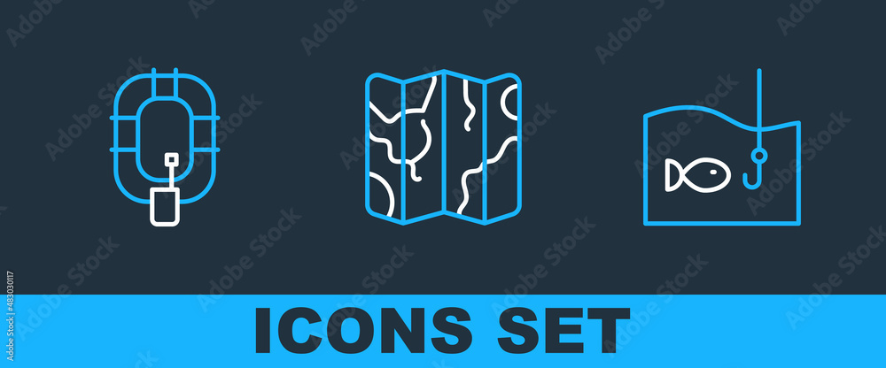 Set line Fishing hook with fish, Inflatable boat and Folded map icon. Vector Set line Fishing hook with fish, Inflatable boat and Folded map icon. Vector