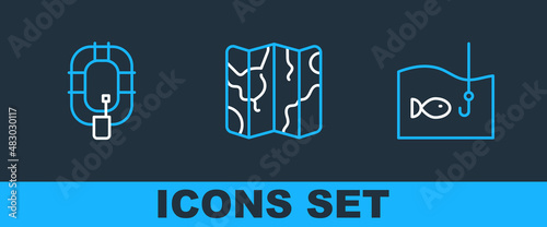 Set line Fishing hook with fish, Inflatable boat and Folded map icon. Vector