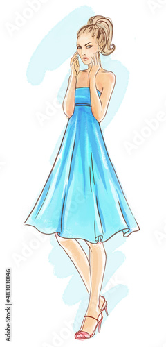 Pretty fashion girl, Full lenth portrait illustration.