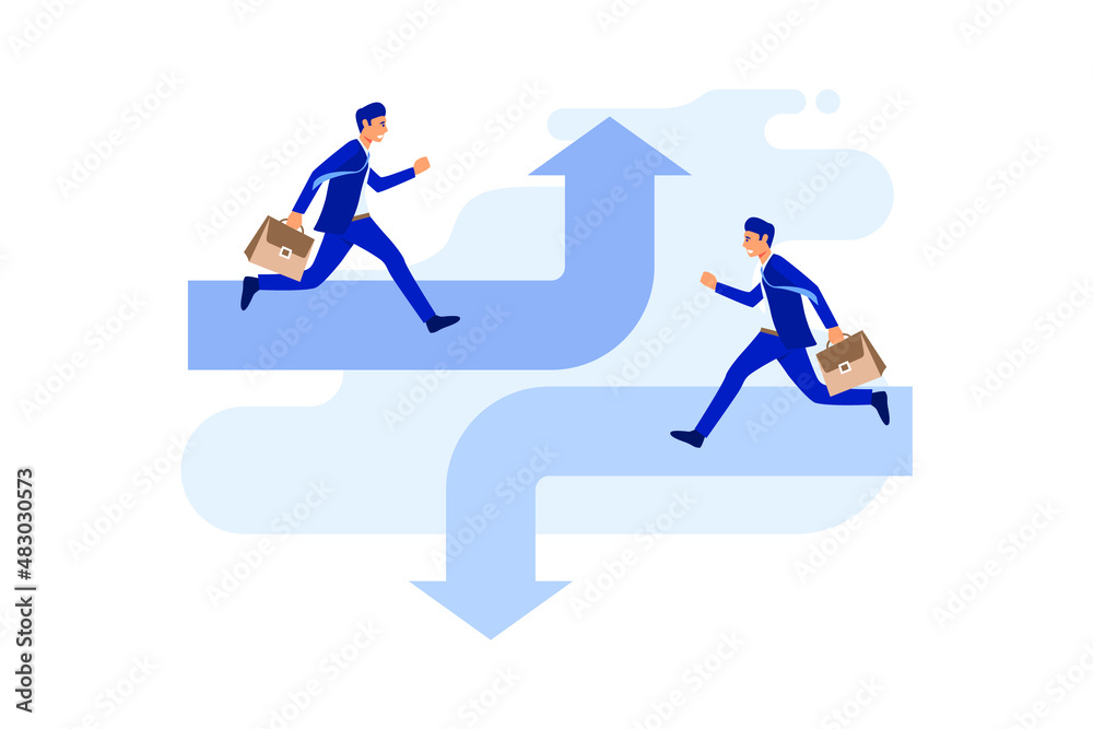 Running on the different arrow opposite direction. Concept business directional illustration, Flat cartoon vector design.