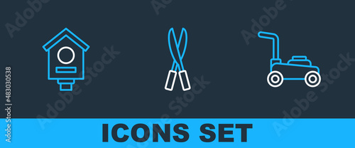 Set line Lawn mower, Bird house and Gardening handmade scissors icon. Vector