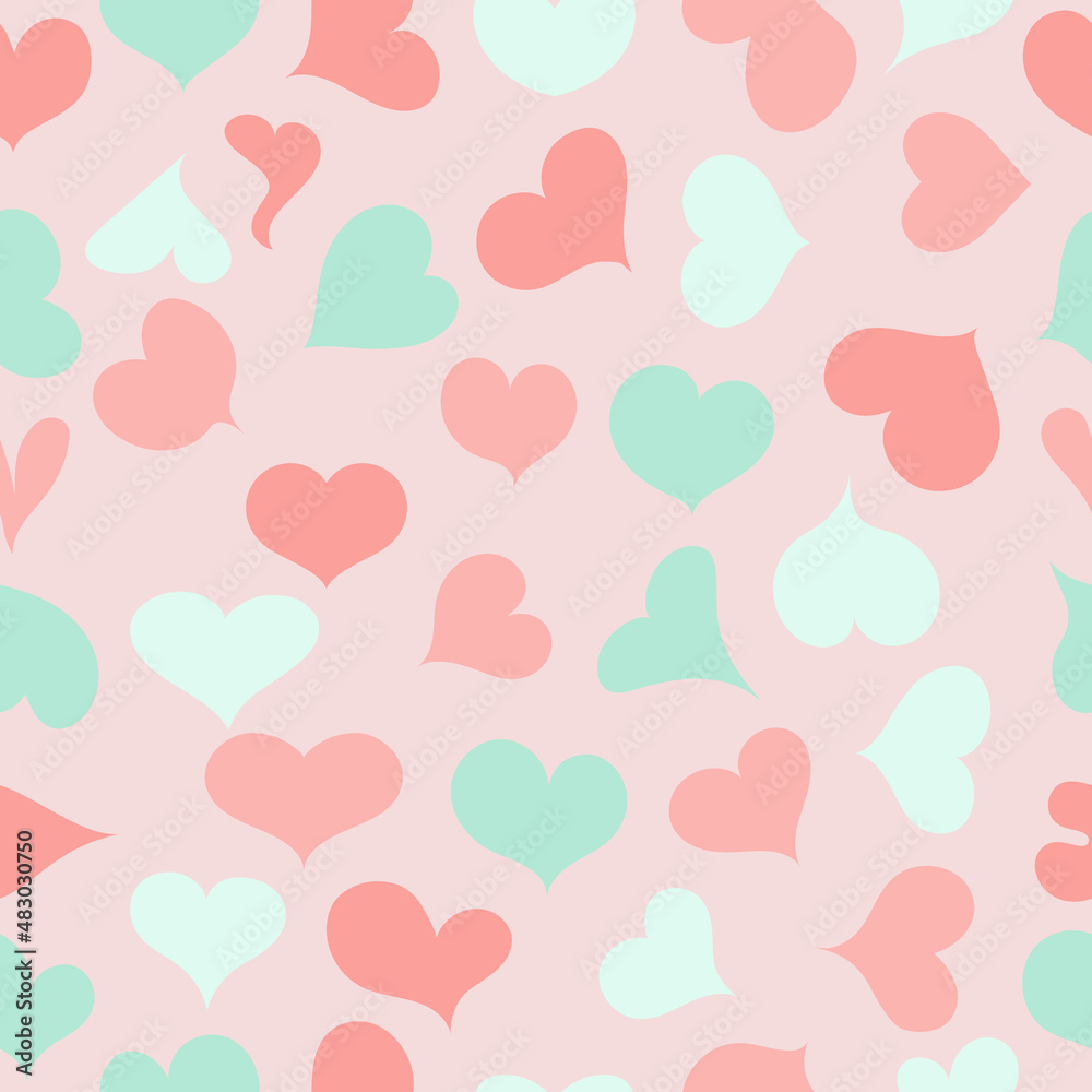 Set of hearts for Valentine's Day or Birthday. Vector cartoon flat seamless pattern of beautiful emblems and symbols of love in pastel colors.