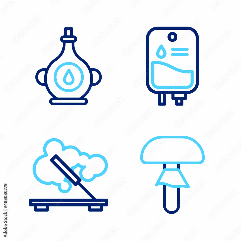 Set line Mushroom, Scented spa stick, IV bag and Oil bottle icon. Vector