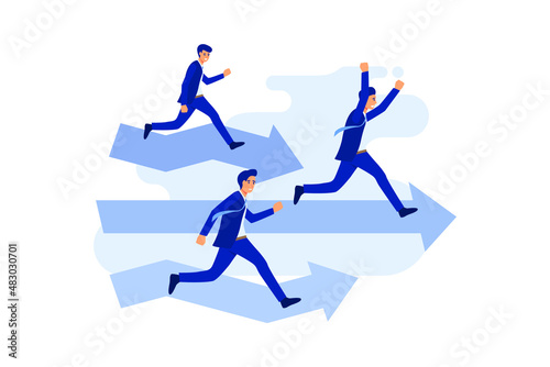 Businessman run straight through finish line to success and winning the race. Business competition concept. flat vector illustration 