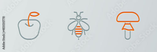 Set line Mushroom, Apple and Bee icon. Vector