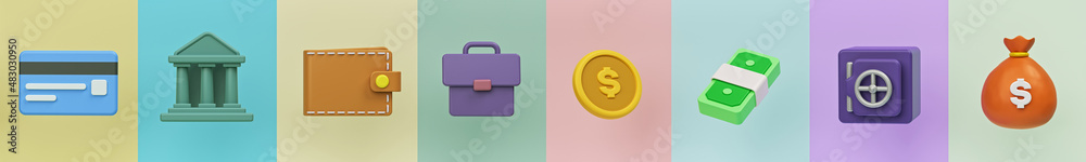 Money and finance related 3d icons set. minimal sign, symbol. simple objects, elements. 3d rendering Money and finance related 3d icons set. minimal sign, symbol. simple objects, elements. 3d rendering