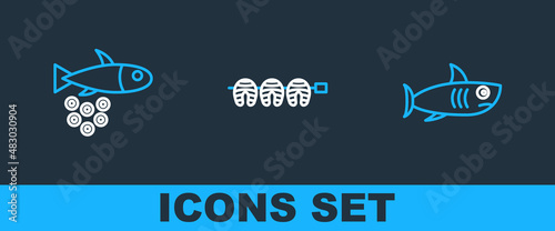 Set line Shark, Fish with caviar and Grilled fish steak icon. Vector