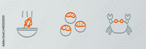 Set line Crab, Soup with octopus and Takoyaki icon. Vector