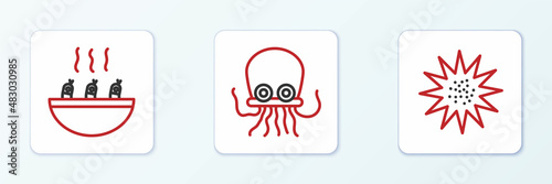 Set line Sea urchin, Soup with shrimps and Octopus icon. Vector