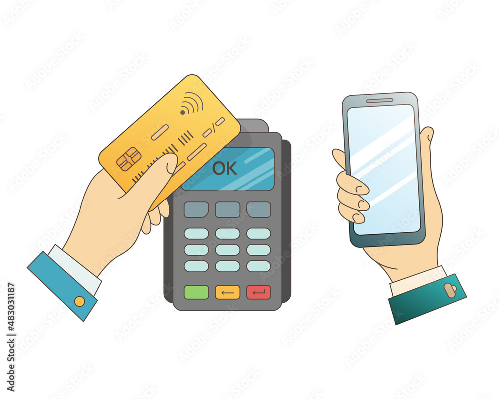 Mobile phone in hand and successful payment via the terminal. Mobile phone in hand and successful payment via the terminal.