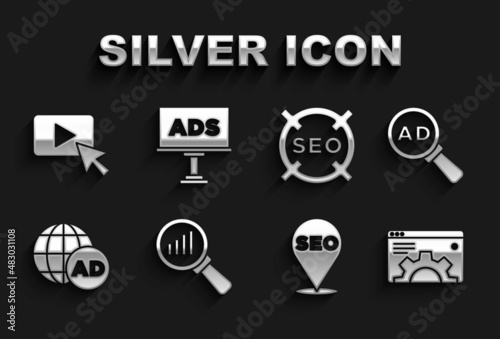 Set Magnifying glass and analysis, Advertising, Browser setting, SEO optimization, and icon. Vector