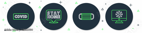 Set line Stay home, Medical protective mask, Corona virus covid-19 and Virus statistics monitor icon. Vector
