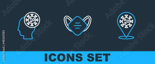 Set line Corona virus 2019-nCoV on location, Human and and Medical protective mask icon. Vector