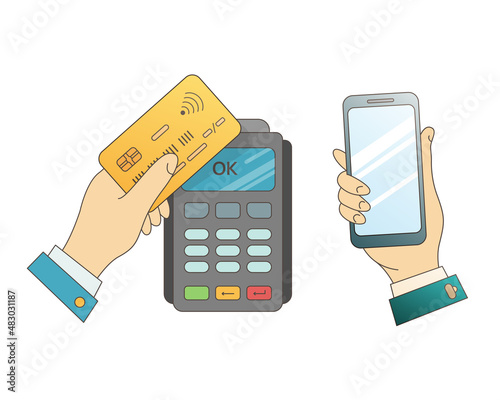 Mobile phone in hand and successful payment via the terminal.