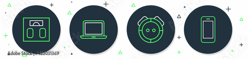 Set line Laptop, Robot vacuum cleaner, Bathroom scales and Smartphone icon. Vector