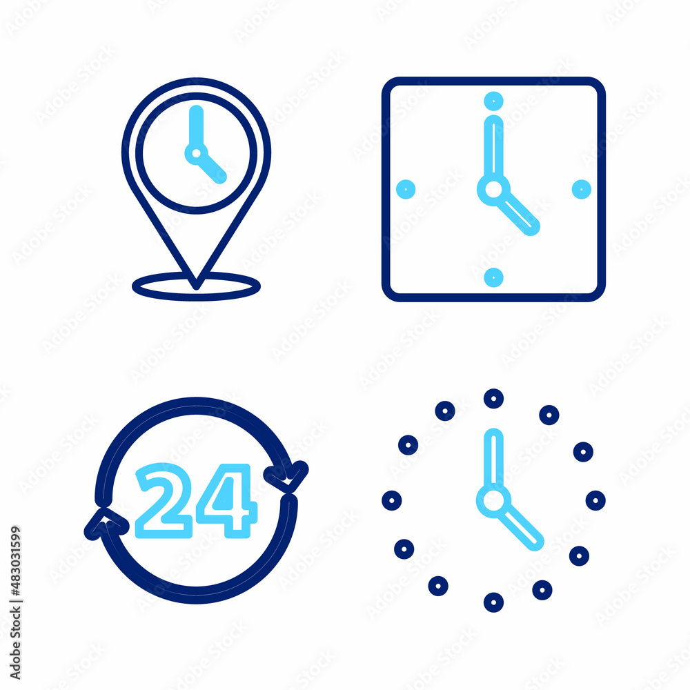 Set line Clock, 24 hours, and Location with clock icon. Vector Set line Clock, 24 hours, and Location with clock icon. Vector