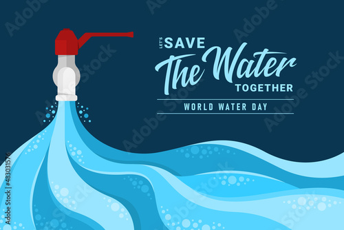 world water day banner- Let's save the water together text and abstract water stream falling from the tap on dark blue background vector design